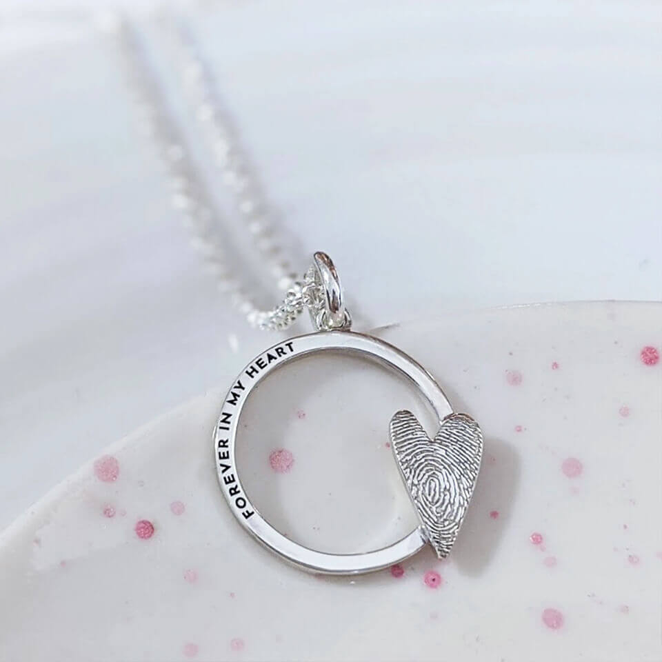 Memorial Fingerprint Necklace in Silver or Gold | Eternal Love Hoop and Heart