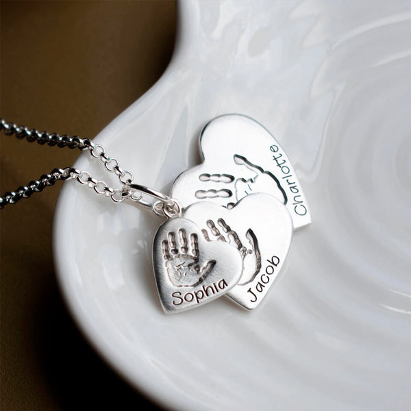 Triple Stacked Heart Handprint Footprint Necklace Silver or