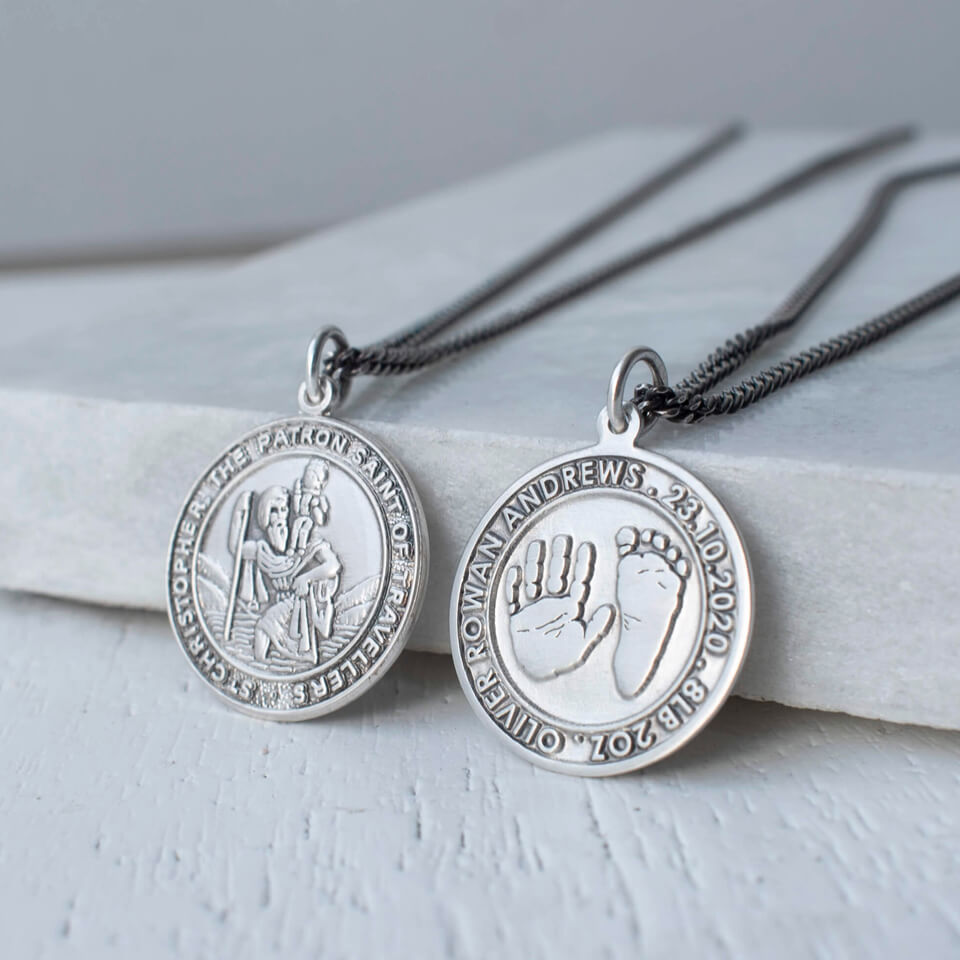Handprint and Footprint St Christopher Necklace for Men