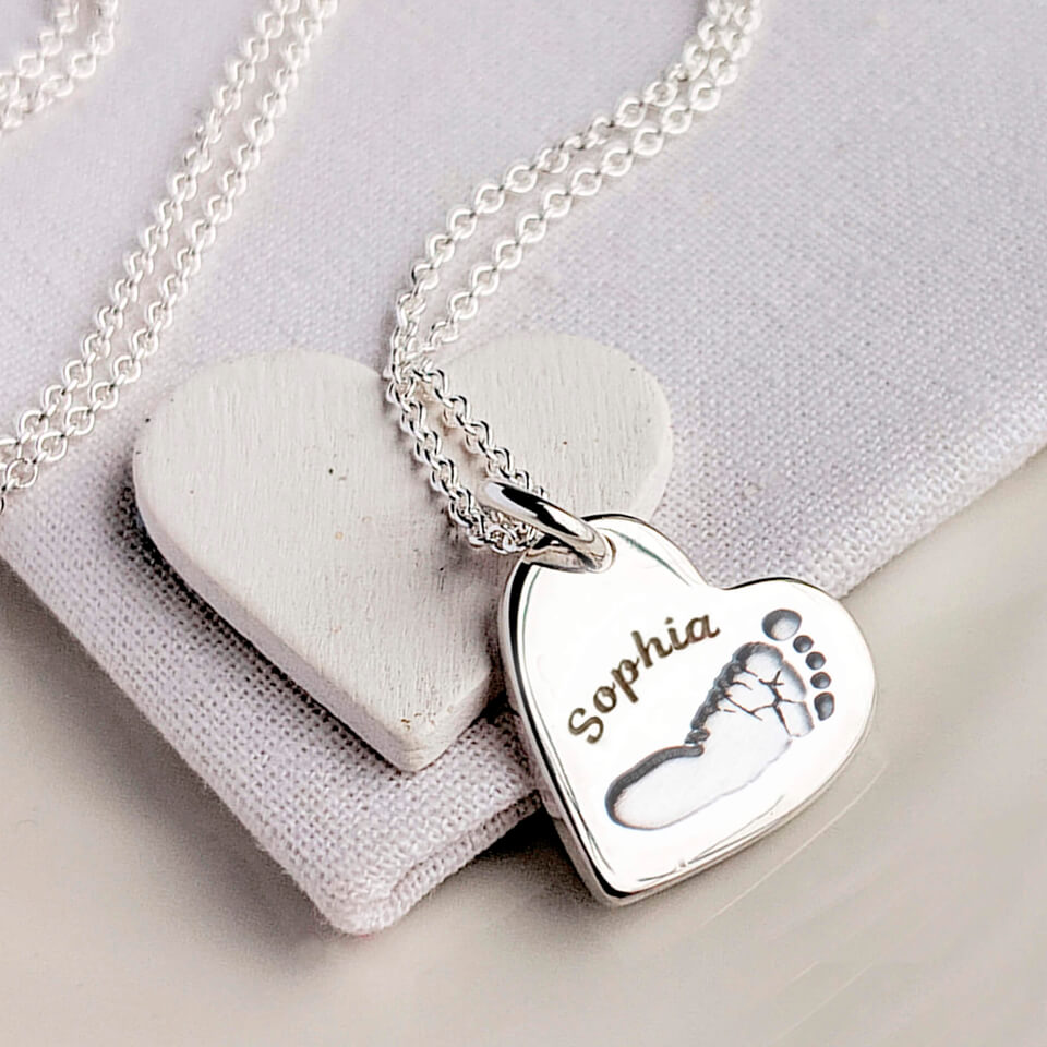 Silver Baby Handprint or Footprint Heart Charm Necklace with name on front of charm
