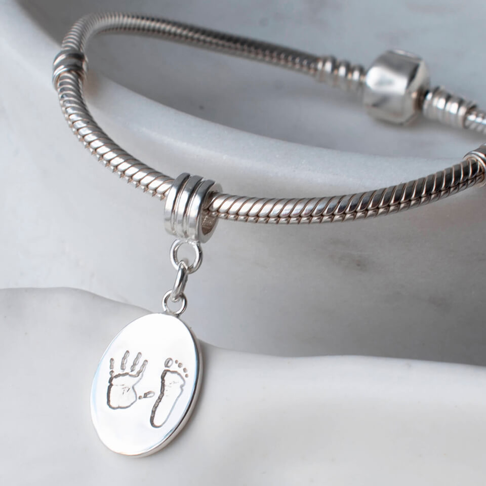 Silver Child&#39;s Handprint and Footprint Oval Charm (fits pandora style jewellery)