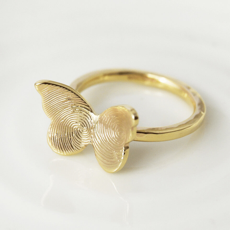 Memorial fingerprint butterfly ring in solid gold or silver