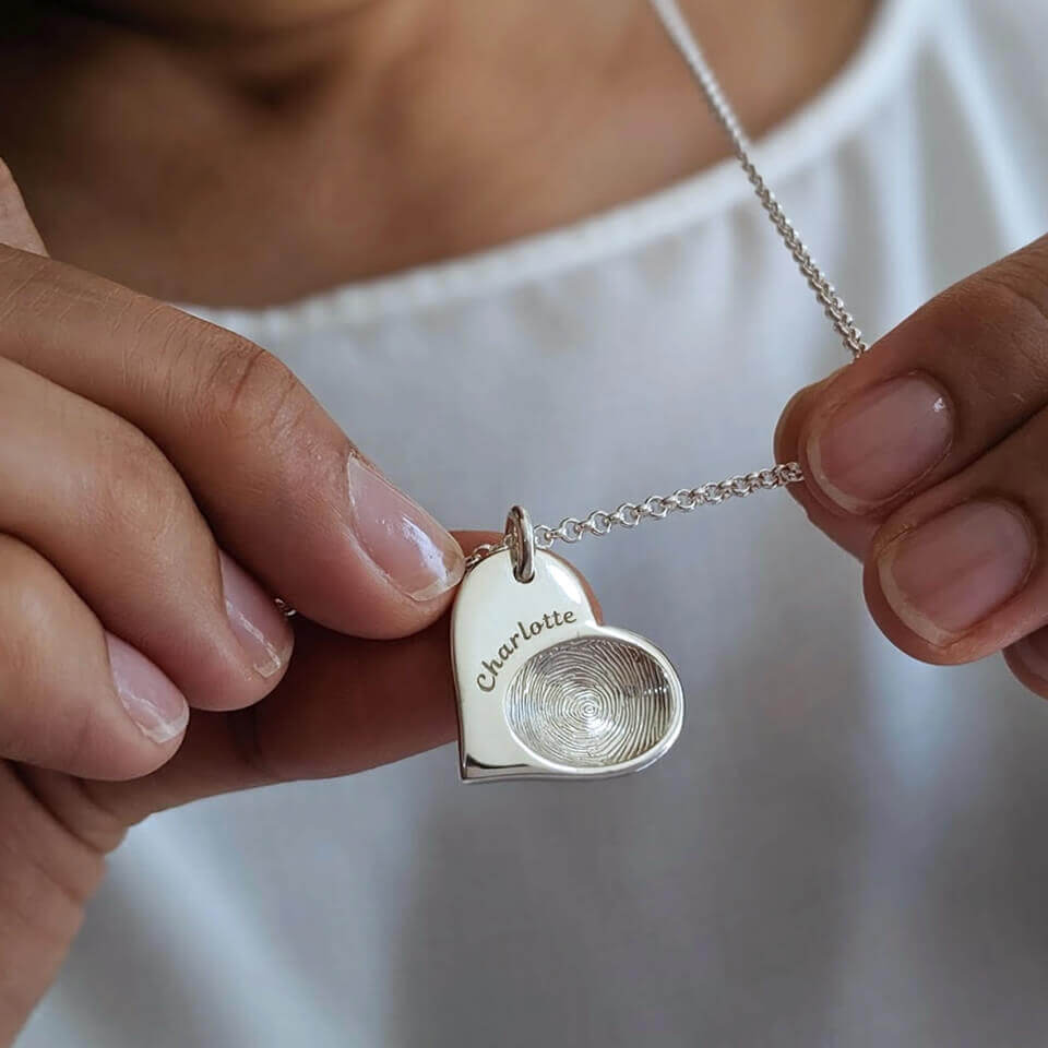 Fingerprint Impression Heart Necklace | Silver & Solid Gold - Hold upon  Heart