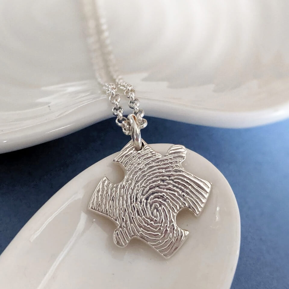 Memorial Fingerprint Jigsaw Puzzle Necklace in Silver or Gold