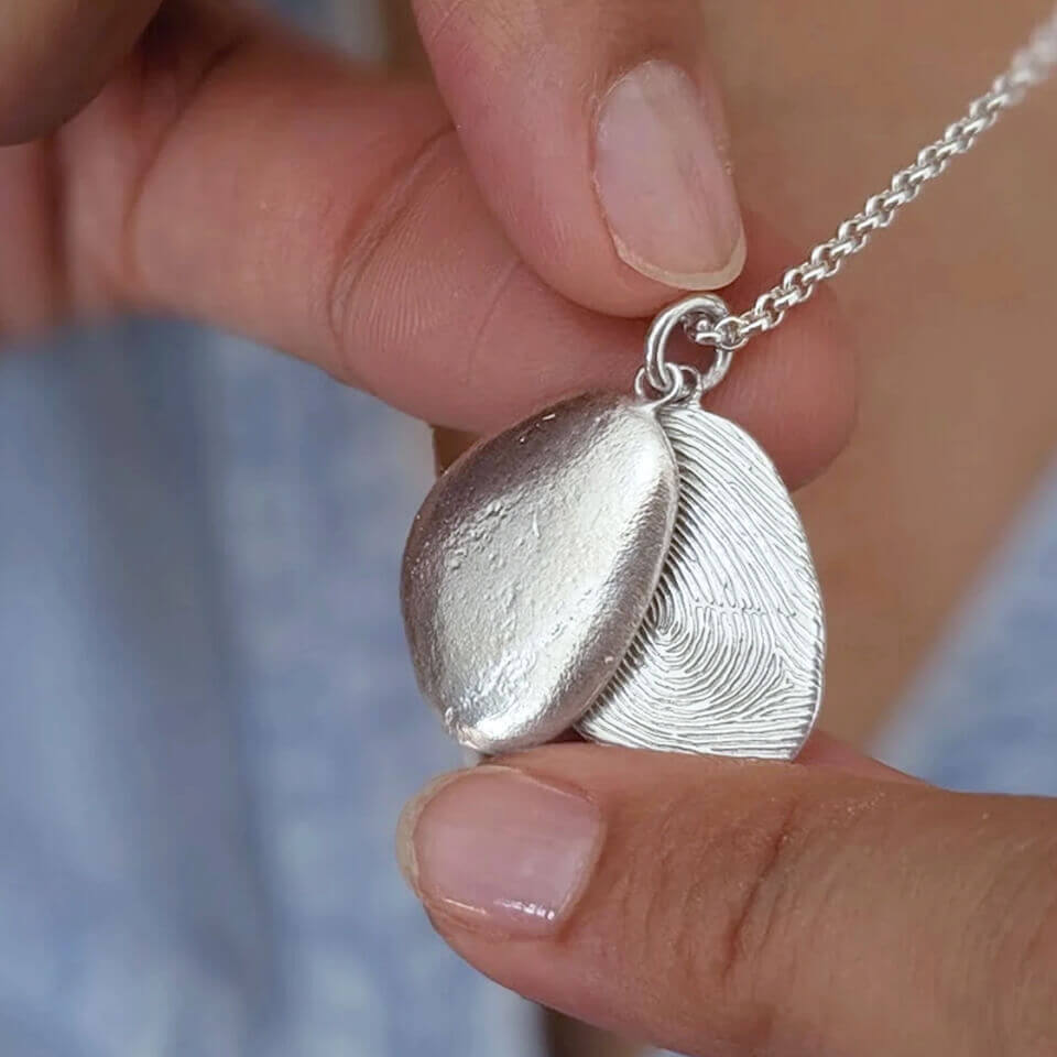 Memorial Fingerprint Pebble Locket Necklace in Sterling Silver or Solid Gold