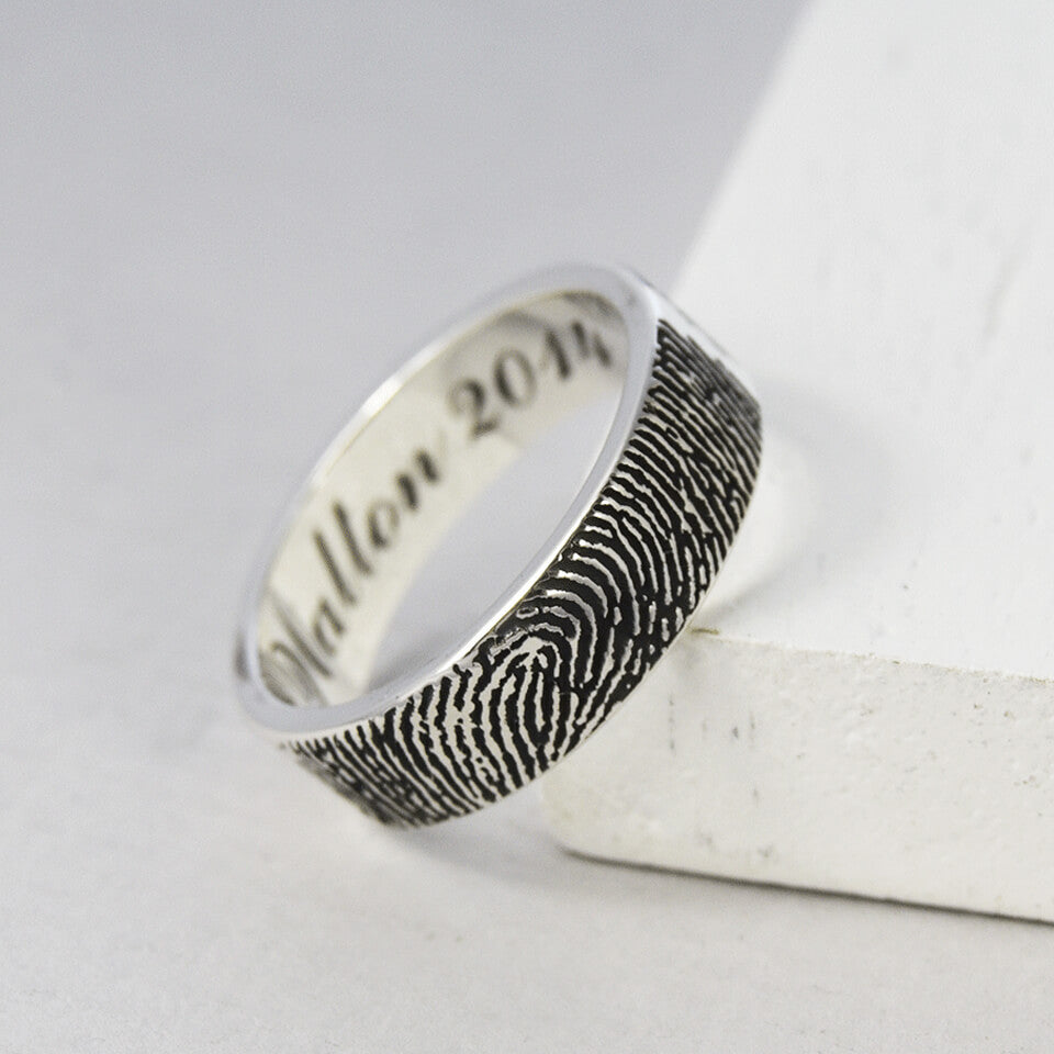 memorial fingerprint wide ring in silver