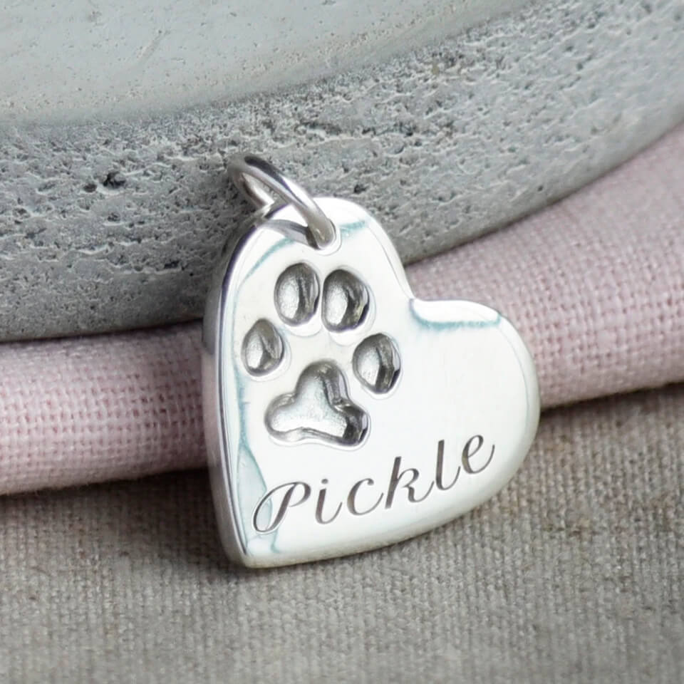 Pawprint heart charm in silver or gold - capture your pet&#39;s own paw print