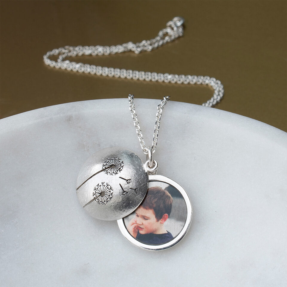 Personalised Dandelion Clock Photo Locket in Silver or Gold