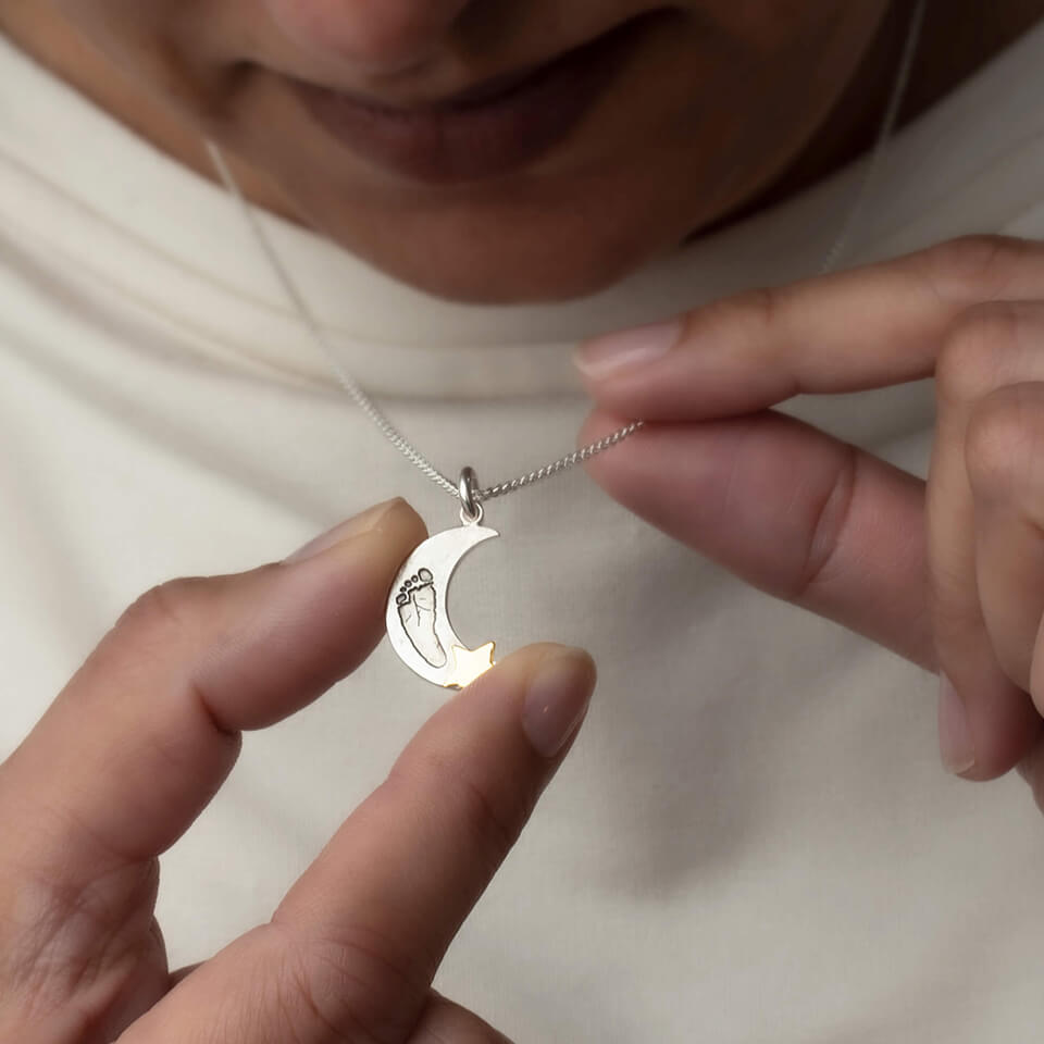 Baby Handprint and Footprint Crescent Moon and Star Silver and Gold Necklace