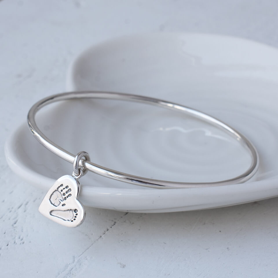Silver Handprint and Footprint Charm Bangle in Silver or Gold