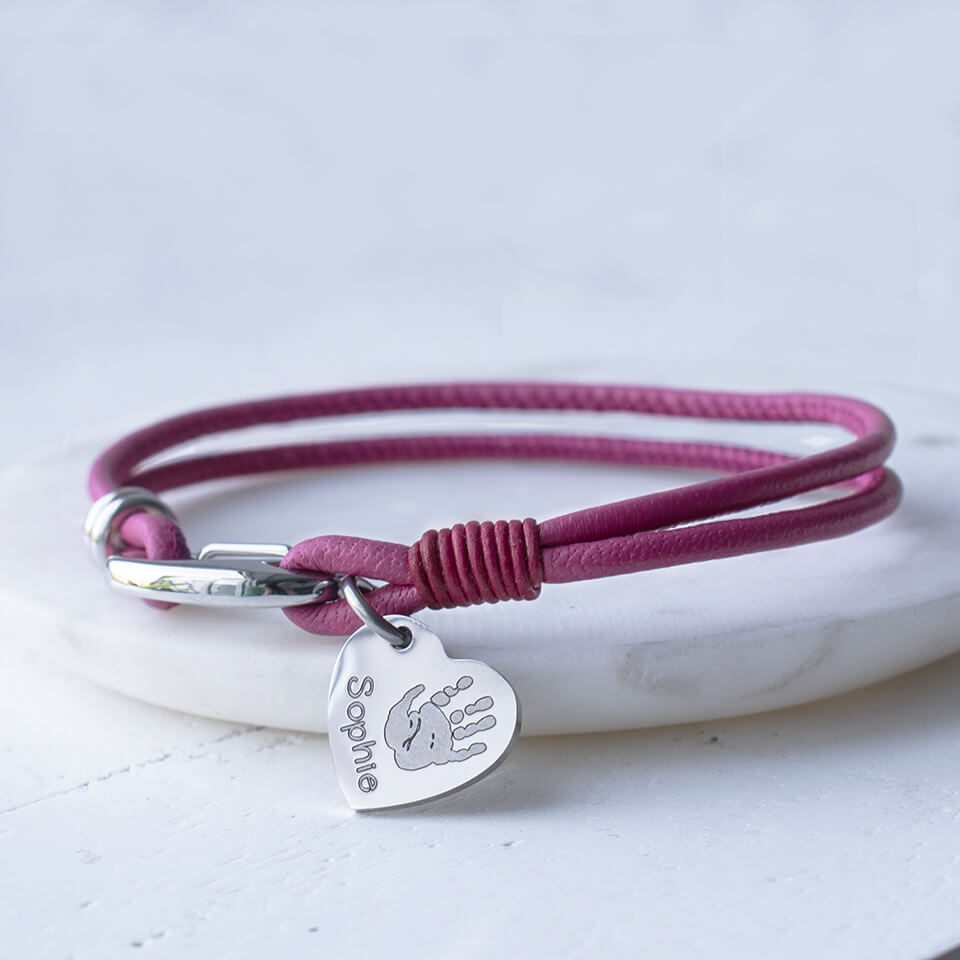 Baby handprint and footprint heart charm on leather friendship bracelet | Fuschia Pink