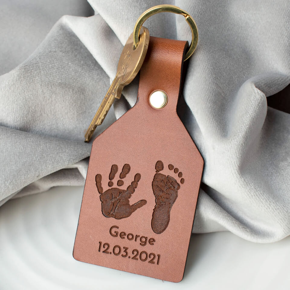 Personalised Baby Handprint and Footprint Leather Keyring for Dad or Grandad