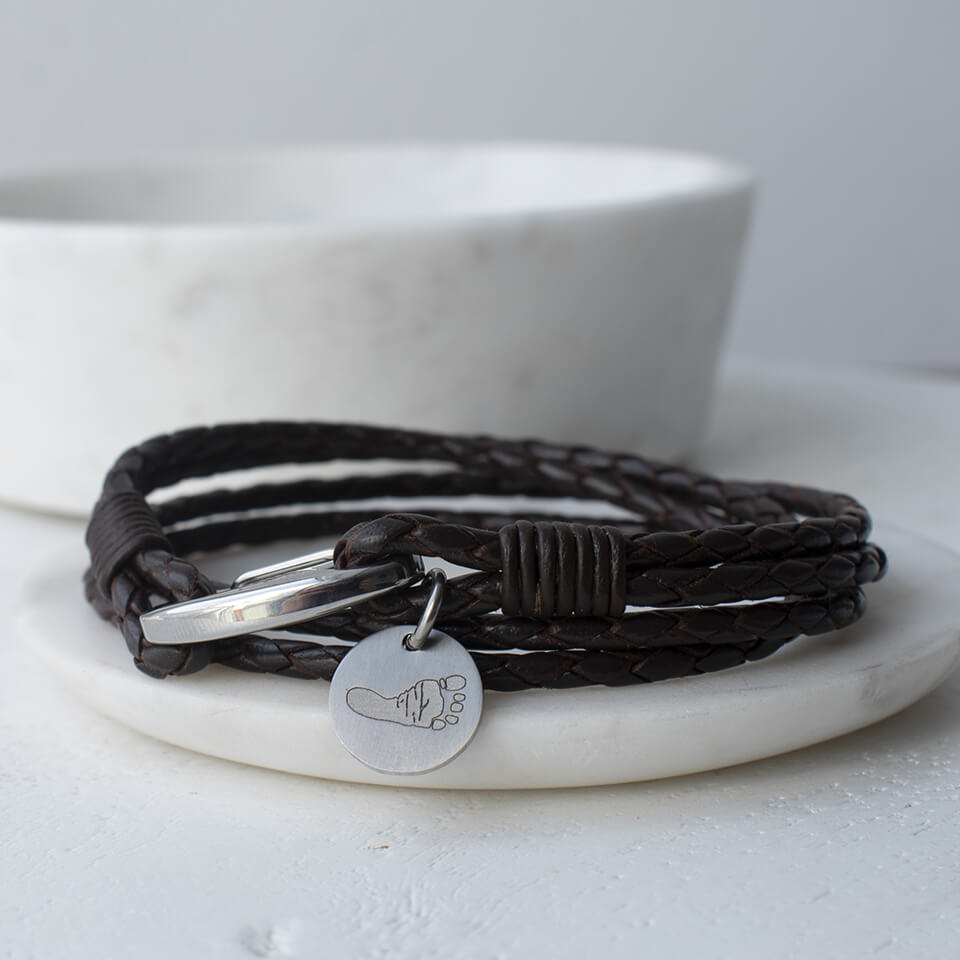 Mens Leather Wrap Bracelet with Handprint Charm