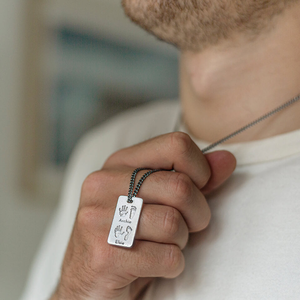 baby handprint and footprint men's necklace | Dad of two three or four children