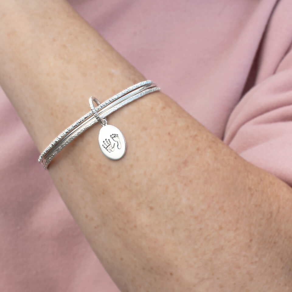 Baby Handprint and Footprint Silver Charm Bangle