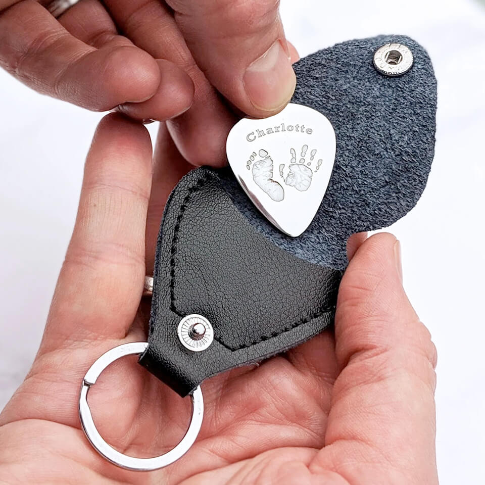 Baby Handprint and Footprint Steel Plectrum in Leather Keyring Case