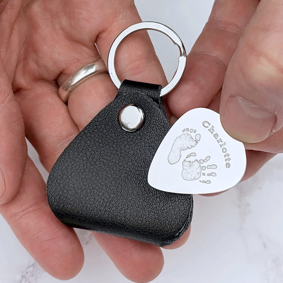 Baby Handprint and Footprint Steel Plectrum in Leather Keyring Case