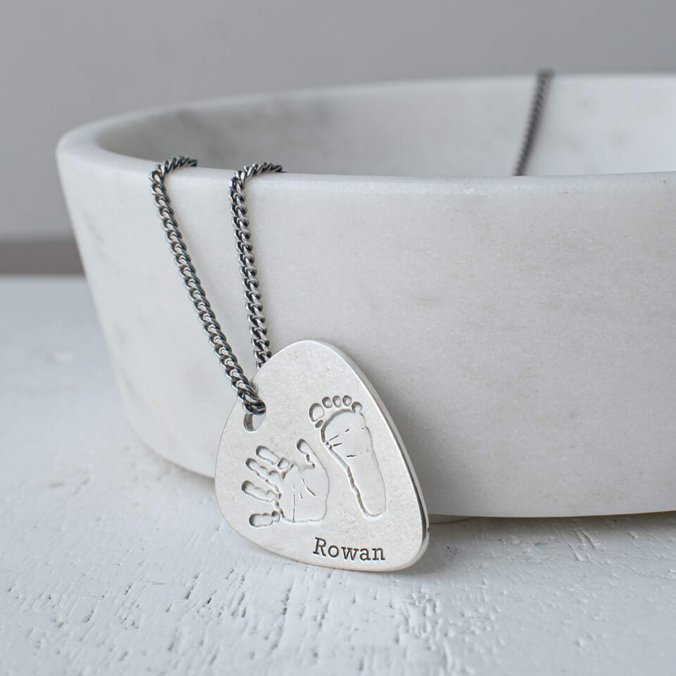 Child&#39;s handprint and footprint plectrum necklace for men in silver or gold