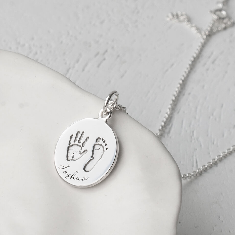 Baby Handprint and Footprint Disc Charm Necklace in Silver or Gold
