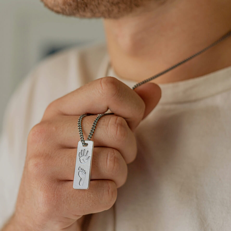 Baby handprint and footprint slim tag necklace for men
