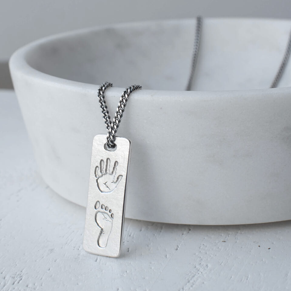 Baby handprint and footprint slim tag necklace in silver or gold