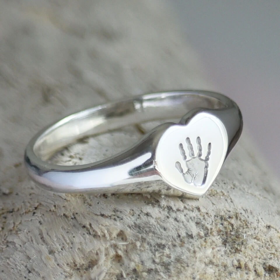 baby handprint silver heart signet ring