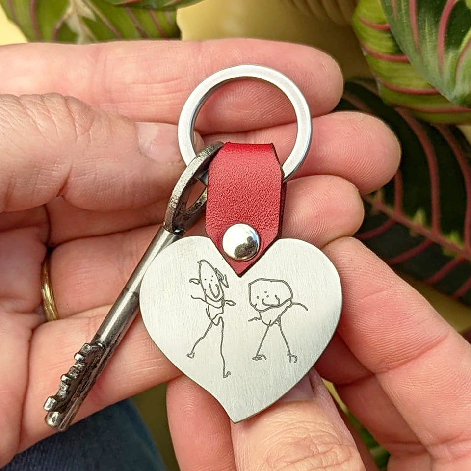 Personalised Child's Drawing Heart Leather Keyring Gift for Mum