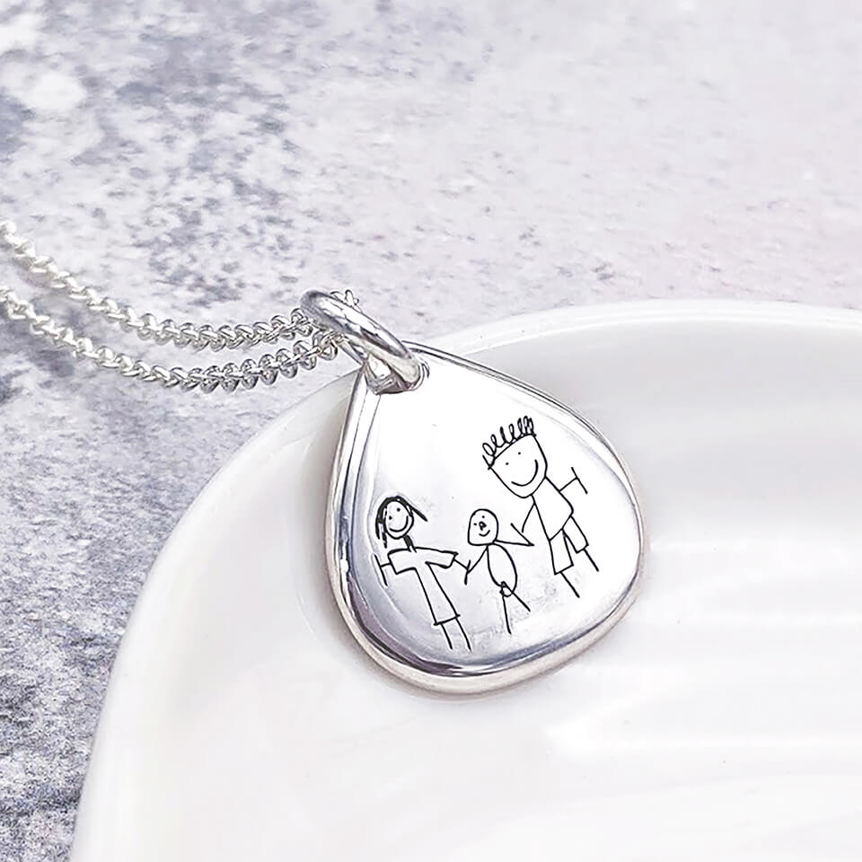 Personalised Childrs Drawing Droplet Necklace in silver or gold