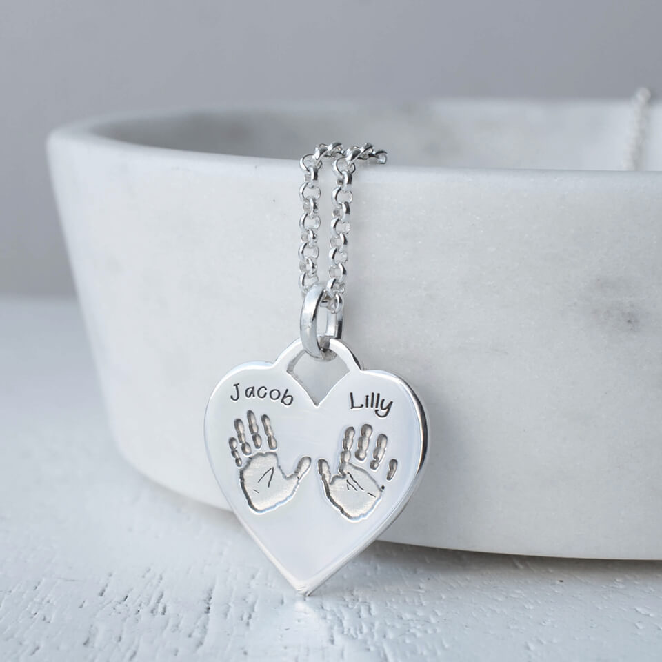 Three Handprints Heart Padlock Necklace in Silver or Gold