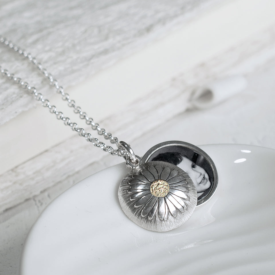 Personalised photo daisy locket necklace - silver and gold