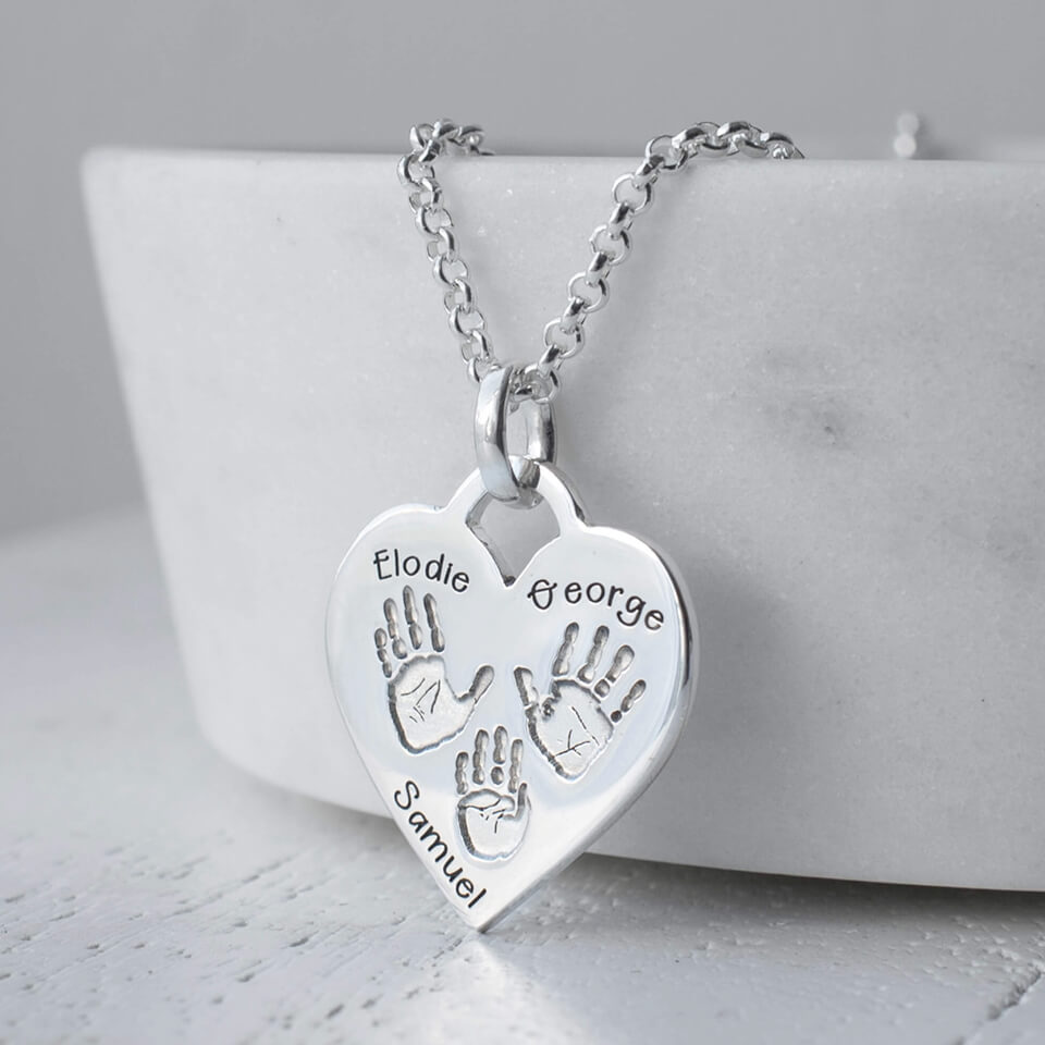 Three Handprints Heart Padlock Necklace in Silver or Gold