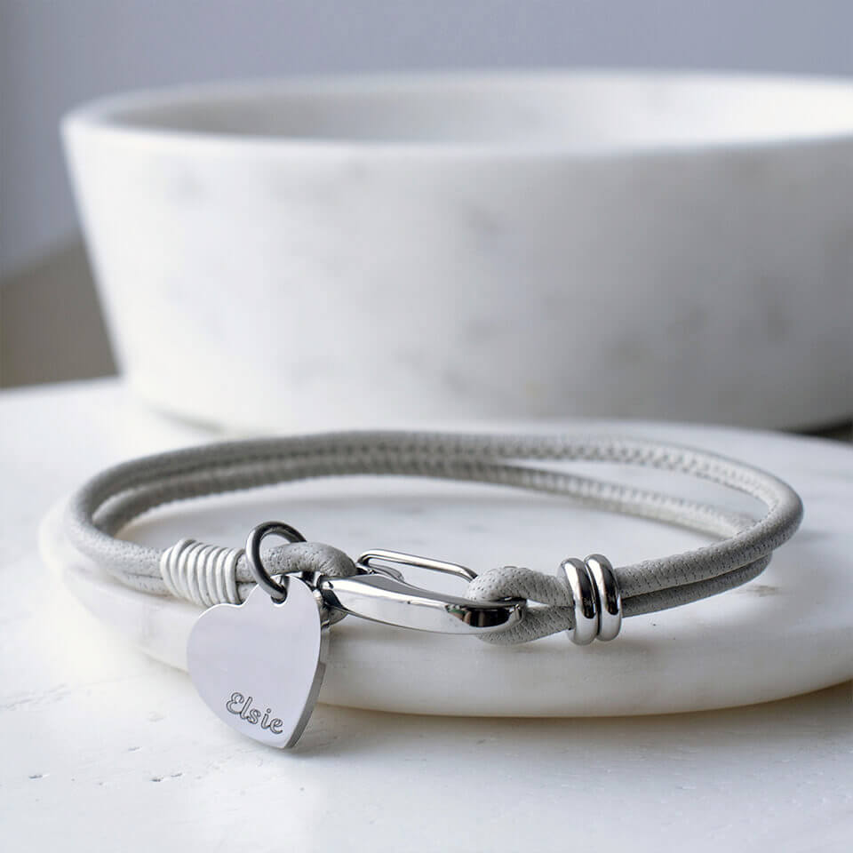 Fingerprint Heart Charm Friendship Leather Bracelet | Grey