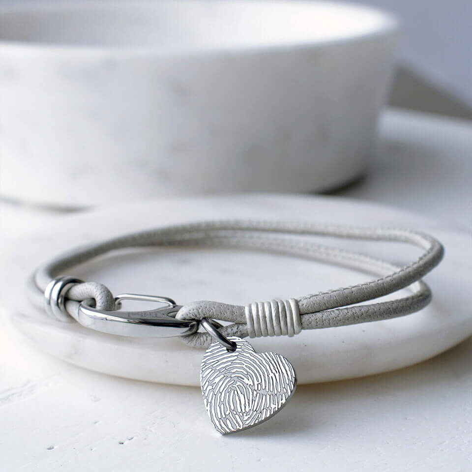 Fingerprint Heart Charm Friendship Leather Bracelet | Grey