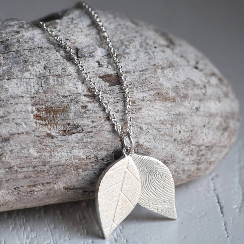 Memorial Fingerprint Leaf Locket Necklace in Sterling Silver or Solid Gold