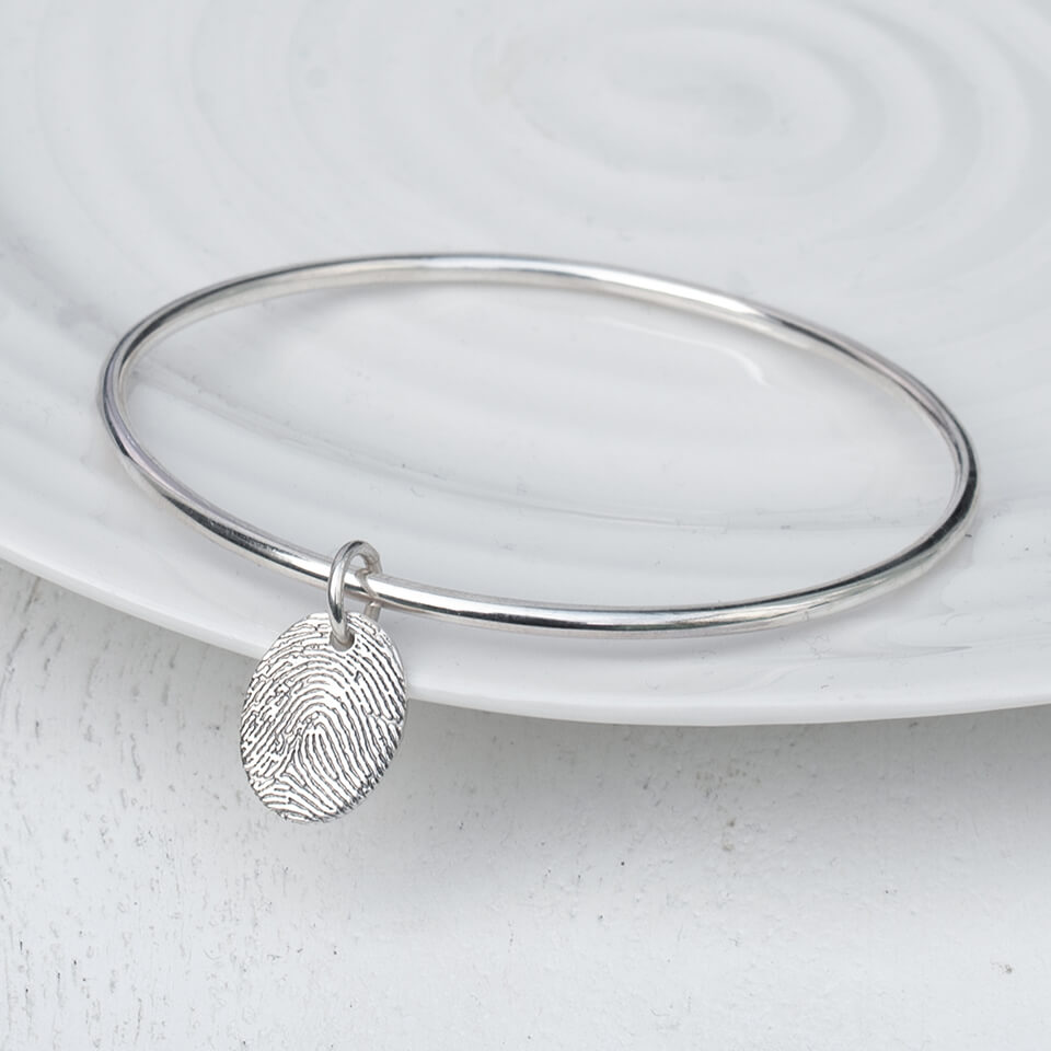 Fingerprint Oval Charm Bangle | Silver or Solid Gold