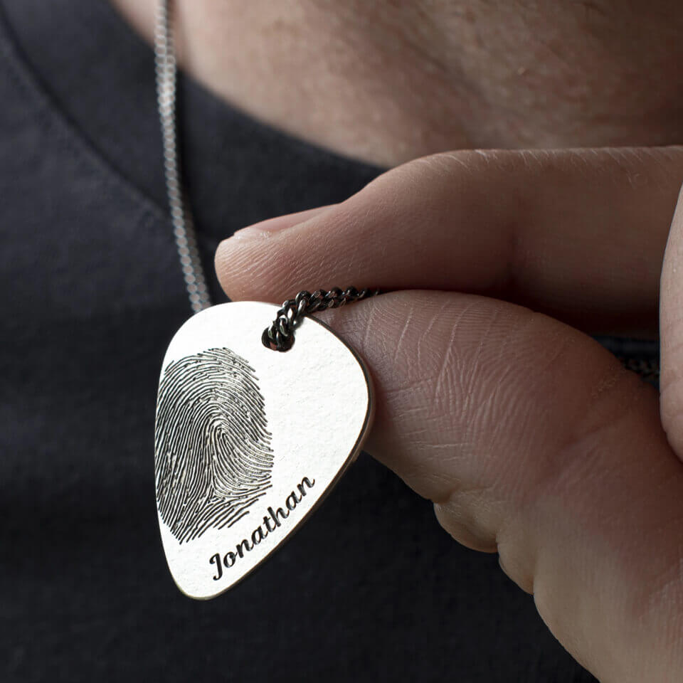 Memorial Fingerprint Plectrum Necklace in Sterling Silver