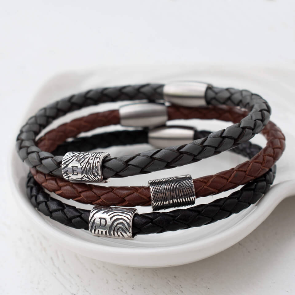 Fingerprint silver bead leather braid bracelet for men | black leather