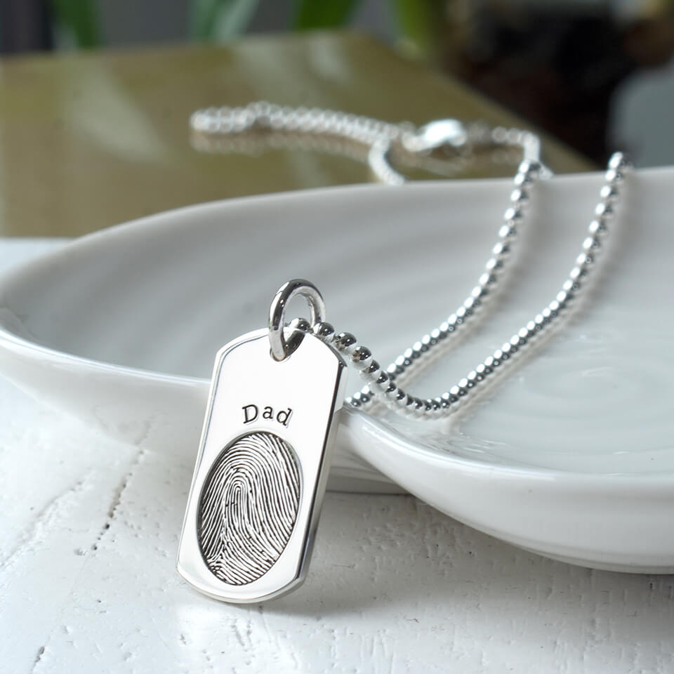 Memorial Fingerprint Dog Tag Necklace in Silver and Gold