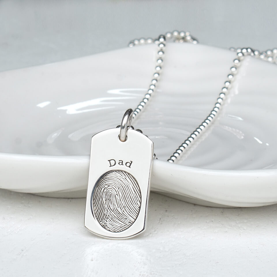 Memorial Fingerprint Dog Tag Necklace in Silver and Gold