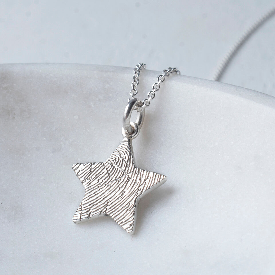 Fingerprint star charm necklace in sterling silver or solid gold. Memorial Fingerprint Jewellery.