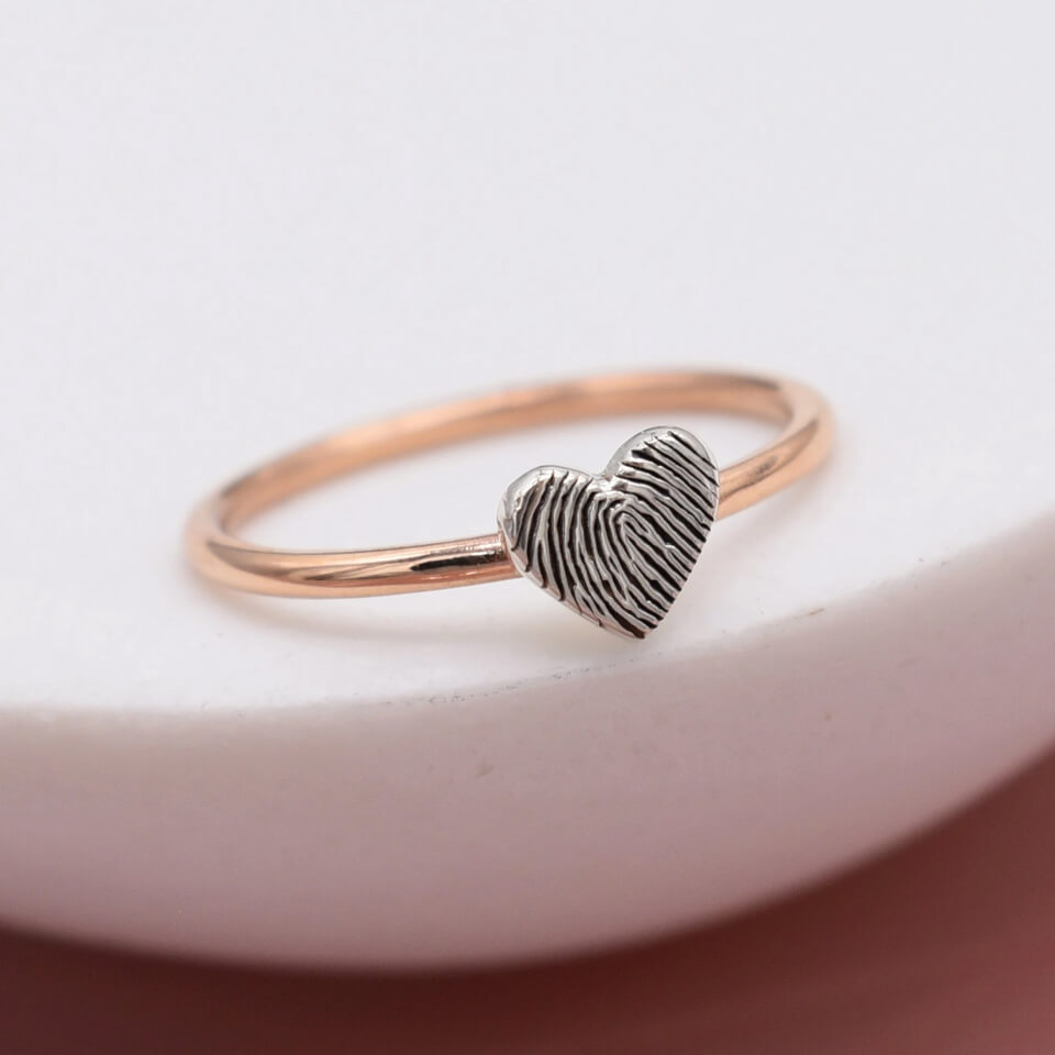 fingerprint tiny silver heart and rose gold ring