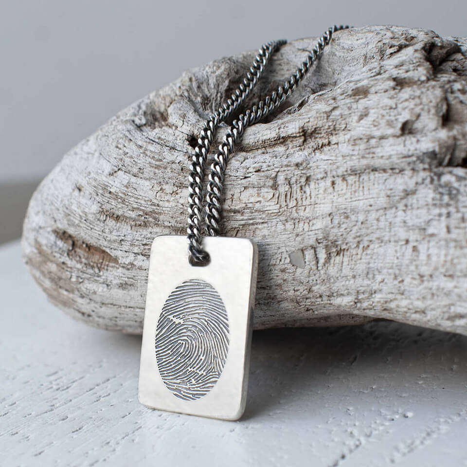 Memorial Fingerprint Tag Necklace for Men in Silver or Gold