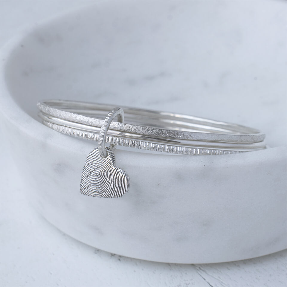 Silver FIngerprint Oval Charm Triple Hammered Bangle | Memorial Jewellery Bracelet