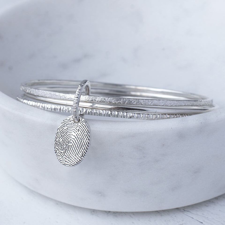 Silver FIngerprint Oval Charm Triple Hammered Bangle | Memorial Jewellery Bracelet