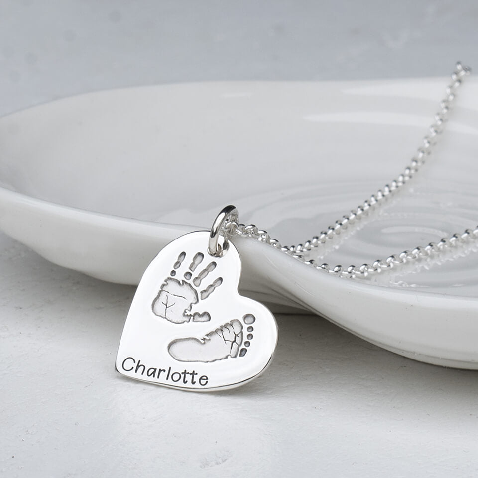 Baby Handprint and Footprint Heart Necklace| Handmade in Silver