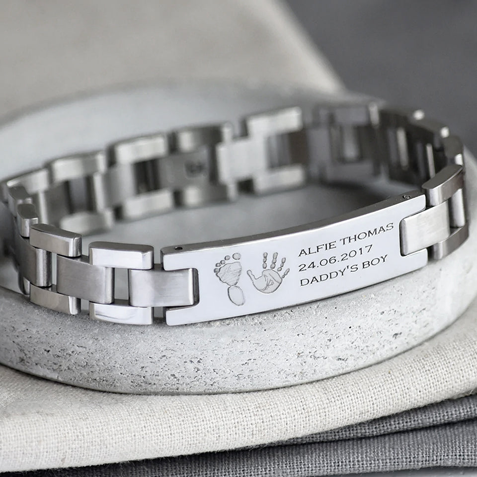 Personalised Handprint and Footprint Steel Bracelet for Men Hold
