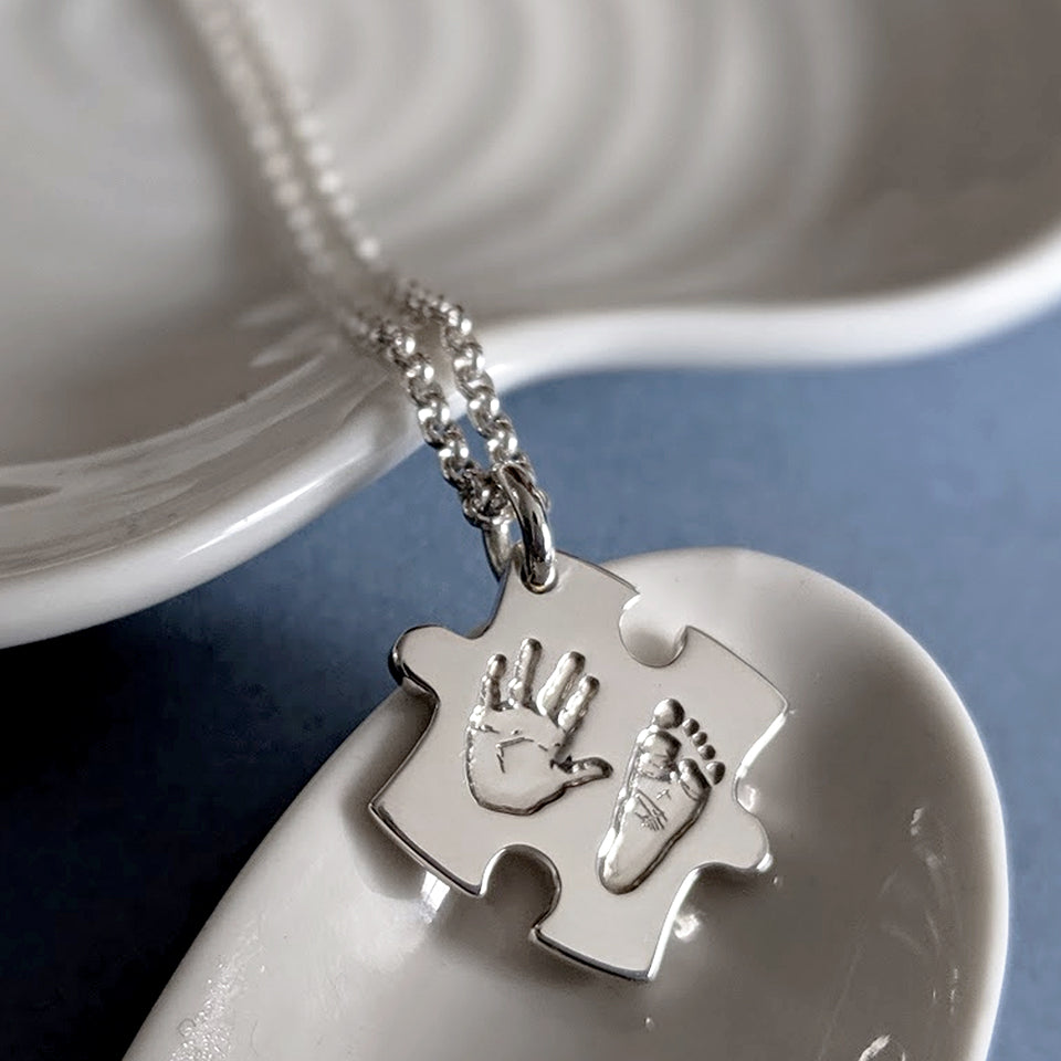 Baby Handprint and Footprint Jigsaw Puzzle Necklace in Silver or Gold