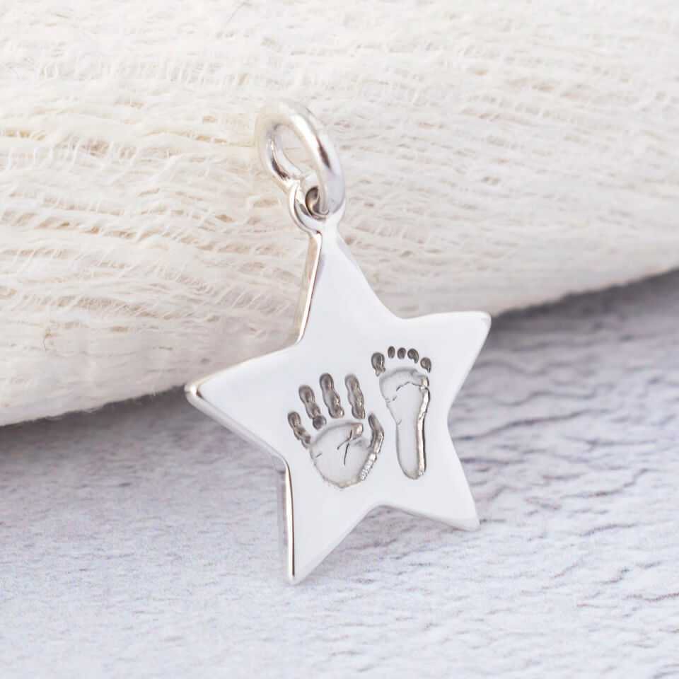 Silver Baby Handprint and Footprint Star Charm Necklace - Personalised gift for Mum