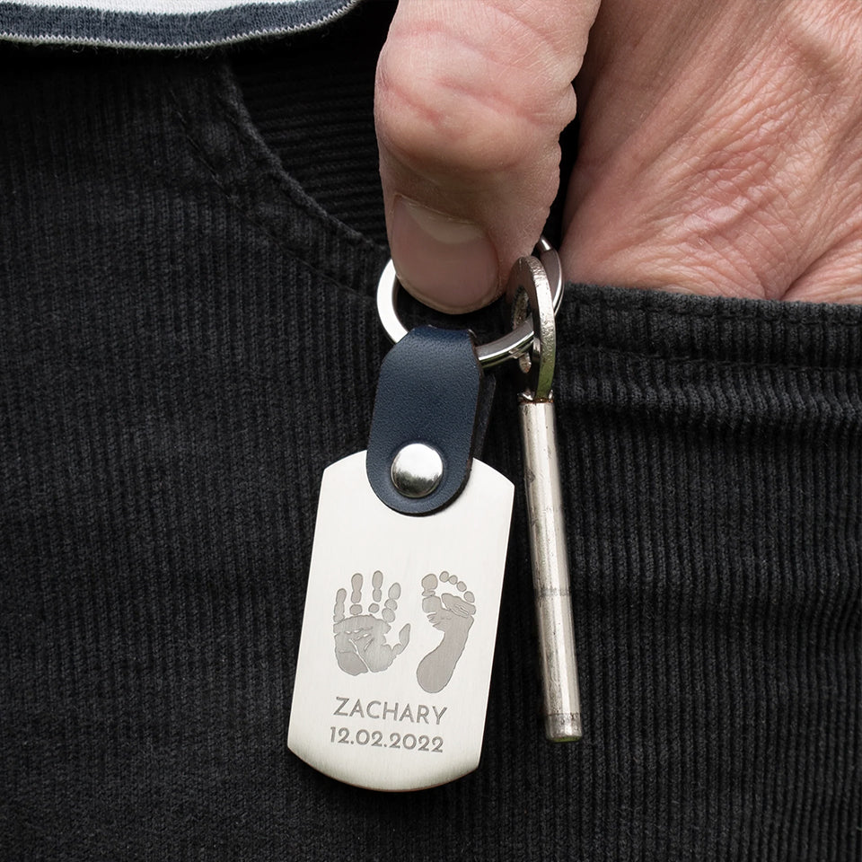 Personalised handprint and footprint steel and leather keyring