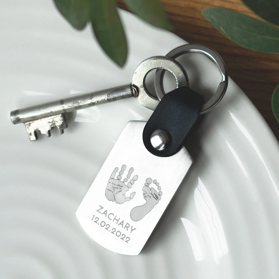 Personalised handprint and footprint steel and leather keyring